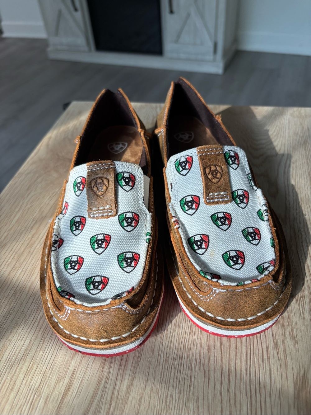 Ariat Brown & White Canvas Moccasin Loafers with Shield Motif